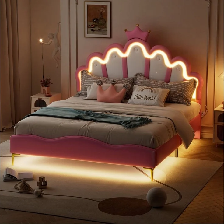 Flieks Polsterbett, LED Kinderbett Doppelbett mit krone-Form Prinzessinnenbett 140x200cm – Bild 3