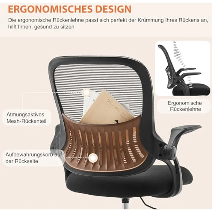 Sweetcrispy Bürostuhl Ergonomisch, Schreibtischstuhl mit Lendenwirbelstütze, Höhenverstellbarkeit Stuhl, Bürostühle mit Armlehne, Office Chair Geeignet für Büro und Schlafzimmer – Bild 5