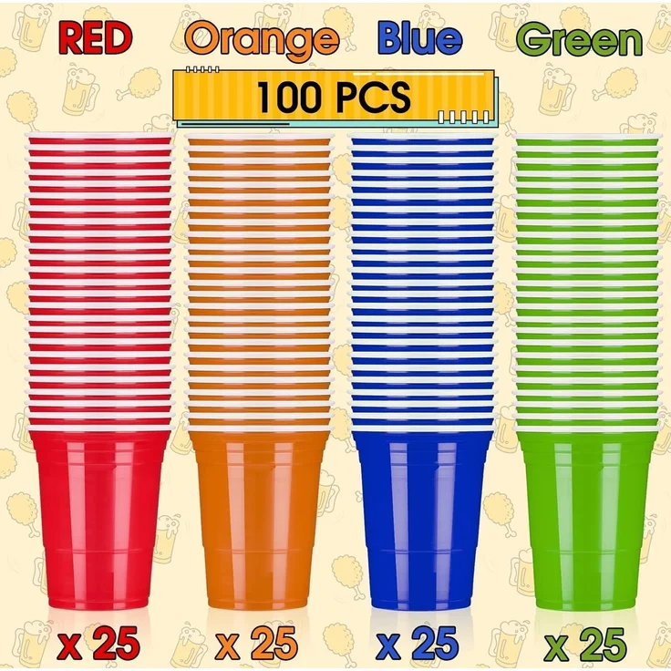 LATERN Bier Pong Becher, 100 Becher und 10 Bälle, Kunststoff rot, orange, blau & grün, 480 ml – Bild 3