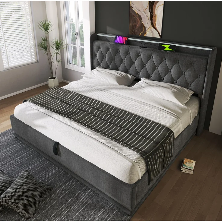 Polsterbett Leinen mit LED, USB-Anschluss & Stauraum, 140x200 cm, Grau, mit Matratze – Bild 5