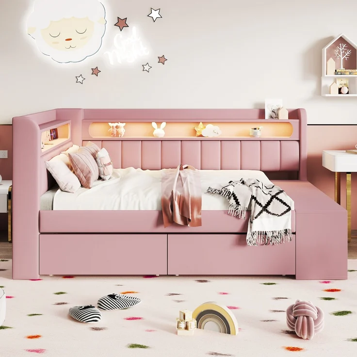 Merax Kinderbett, Einzelbett, Schlafsofa 90x200cm mit USB-Anschluss und LED-Lichtleiste, inklusive Schuhschrank und zwei Schubladen, Rosa – Bild 3