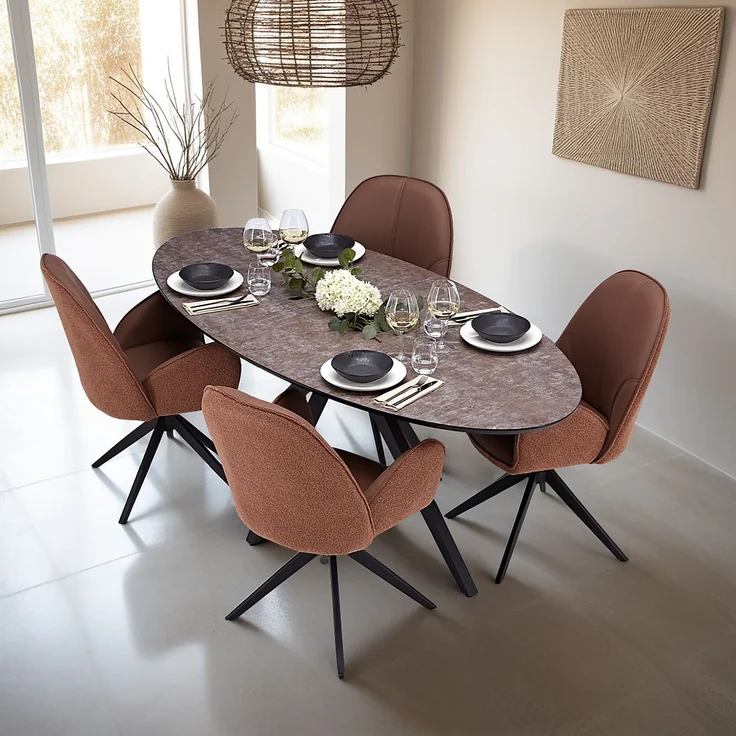 Esstisch mit 4 Stühlen Set Essgruppe Polsterstühle Drehbar Bouclé Leder Braun Esszimmertisch Oval Metall Schwarz – Bild 2