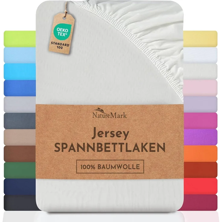 NatureMark Jersey Spannbettlaken, Spannbetttuch 100% Baumwolle in vielen Größen und Farben MARKENQUALITÄT ÖKOTEX Standard 100 | 200x220 cm +40 Steg - Creme/Natur