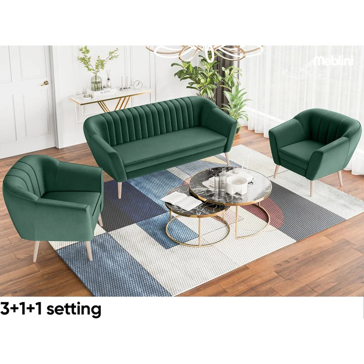 MEBLINI Sofa Sessel für Wohnzimmer 2er Set - Mini Lounge für zwei Personen - Sitzgarnitur - Polstergarnitur - KAIA - 1+1 - Grün Samt – Bild 5