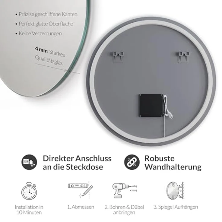 Planetmöbel Dekospiegel NOVA, runder Wandspiegel mit LED-Beleuchtung, Touch-Funktion, dimmbar, 60 cm, 4200K – Bild 5