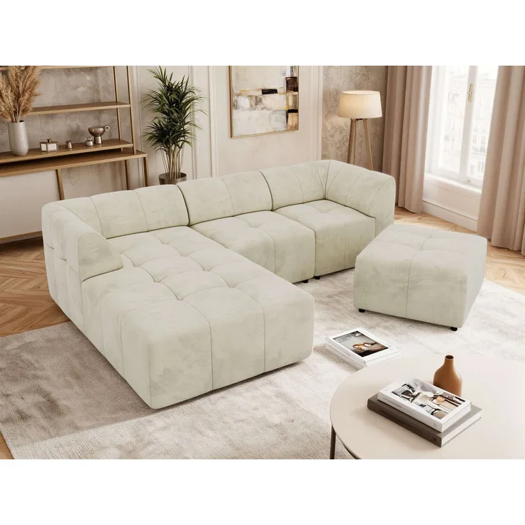 Modernes Wohnzimmer Sofa mit Hocker VORITA 4M L Freistehendes Ecksofa, L-Couch, Gepolstertes Sofa, Wellenfedern, Wohnlandschaft - Beige Velvet - Links