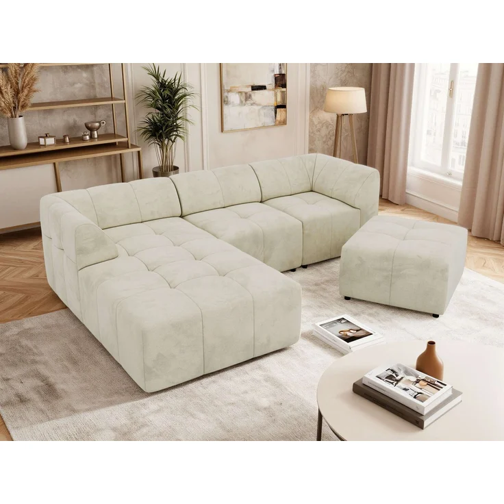 Modernes Wohnzimmer Sofa mit Hocker VORITA 4M L Freistehendes Ecksofa, L-Couch, Gepolstertes Sofa, Wellenfedern, Wohnlandschaft - Beige Velvet - Links – Bild 1