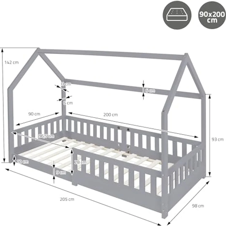 ML-DESIGN Kinderbett Hausbett Spielbett inkl. Lattenrost kreativ Bodenbett für Kinder, Abenteuerbett mit Rausfallschutz Spielbett Kiefer Hellgrau Himmelbett – Bild 3