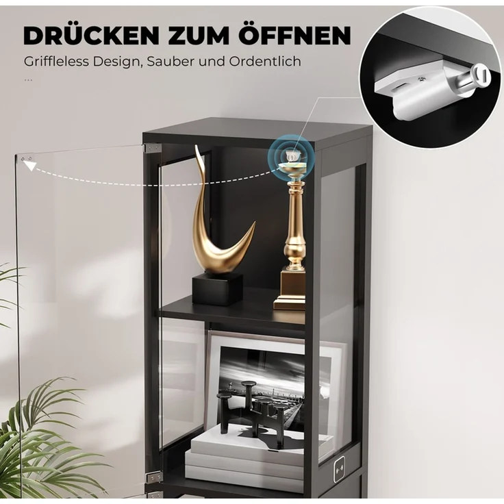 Glasvitrine 4-stöckig, Ausstellungsschrank mit Glastür, LED-Beleuchtung und Helligkeitsregelung, Schwarz – Bild 8