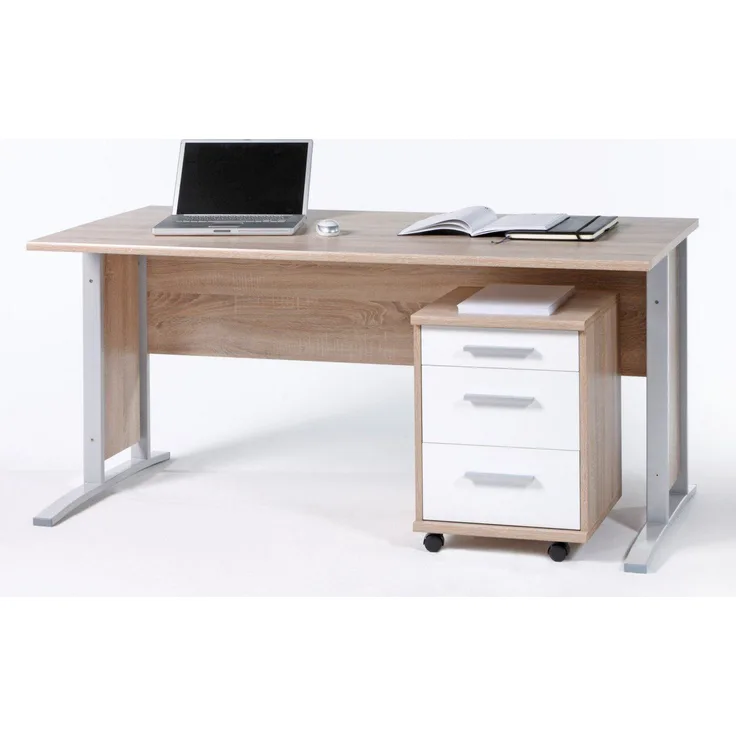 Stella Trading OFFICE LINE Schreibtisch in Eiche Sonoma Optik, Weiß - Moderner Bürotisch Computertisch mit großer Arbeitsfläche und Rollcontainer - 150 x 73 x 70 cm (B/H/T)
