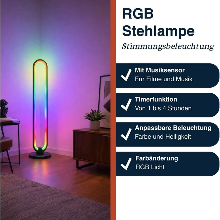 Grundig RGB Stehlampe 104,5 cm - LED Lampe mit Fernbedienung und Musikmodus - Standleuchte mit Timer bis zu 4 Stunden - Gaming Zubehör mit RGB und Weißlicht – Bild 2