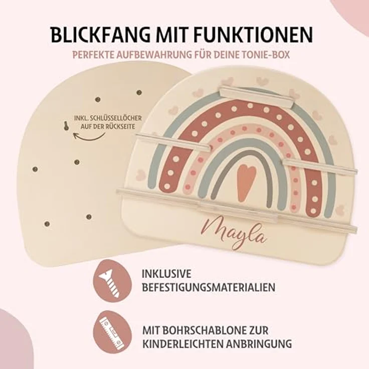 KIDSMOOD - Personalisiertes Tonie Regal für Kinderzimmer | Regenbogen Wand-Regal mit genügend Platz für Tonie-Hör-Figuren, Aussparung für Tonie-Musikbox & Kabelmanagement, Tonie Regal Mädchen & Jungen – Bild 6