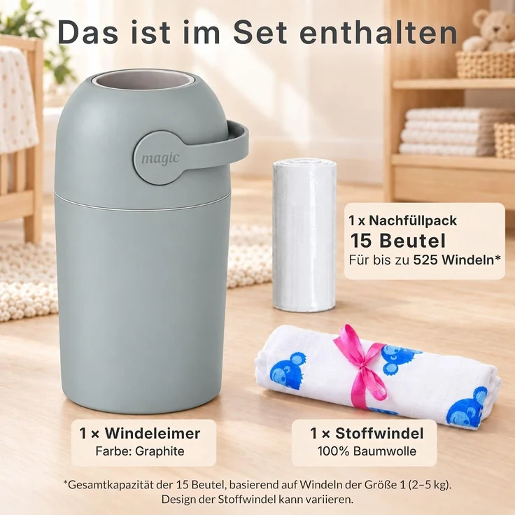 Set Magic Windeleimer, Abfalleimer mit Geruchsstopp, ohne Kassette + Windel – Bild 6