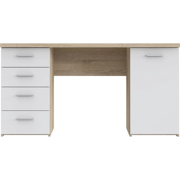 Schreibtisch >NET106< mit 4 Schubladen und Tür, in Sonoma Eiche Dekor / Weiß - 145x76,3x60cm (BxHxT) – Bild 2