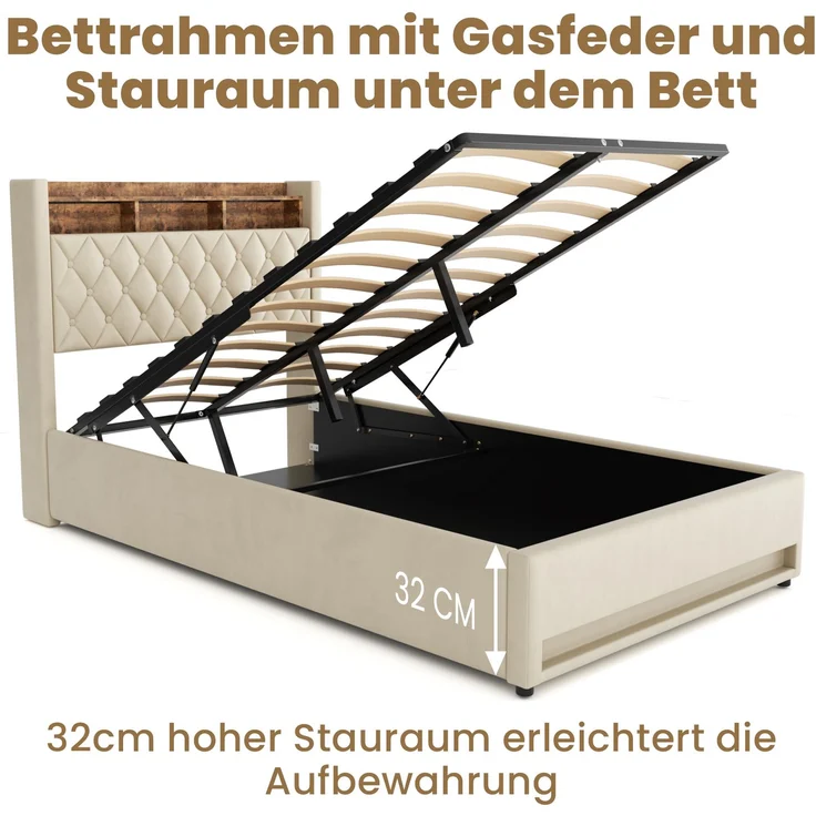 Polsterbett aus Samt mit hochelastischer Polsterung & Lattenrost, ohne Matratze, 140x200 cm, Beige – Bild 8