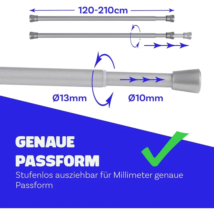 Verstellbare Vorhangstange - Spannstange zum Klemmen Silber Ø10/13 mm 120-210 cm – Bild 2