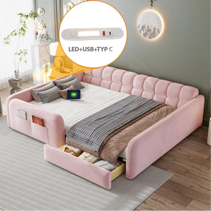 i@home Kinderbett Gepolstertes Kinderbett 140x200 cm Rosa, Samt Plattform Bettgestell (Sofa-Kopfteil,Kinderbett für Jungen- und Mädchenzimmer), mit hohe Sicherheitsgeländer,Ladeanschluss,Schublade & Nachtlicht – Bild 2