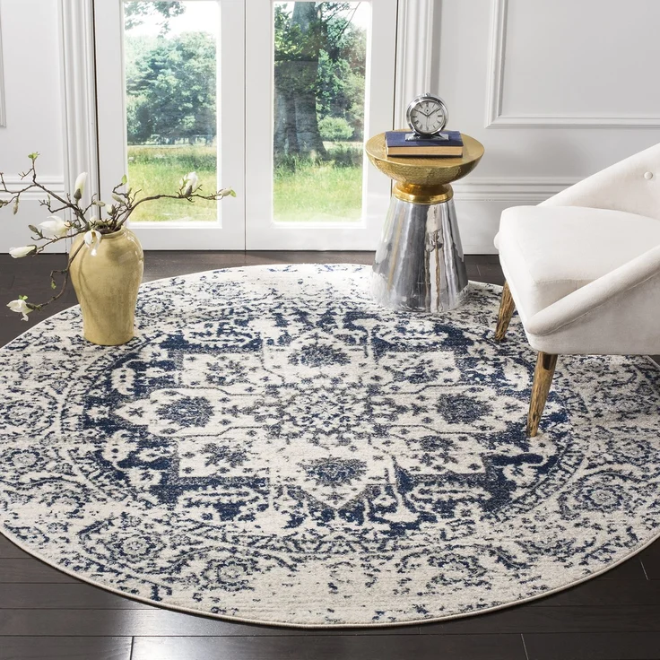 SAFAVIEH Distressed Teppich für Wohnzimmer, Esszimmer, Schlafzimmer - Madison Collection, Kurzer Flor, Creme und Marineblau, 120 x 120 cm