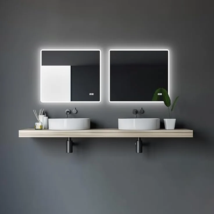 Talos Sun LED Badspiegel, 80x70 cm, mit Lichtumrahmung und Digitaluhr, Aluminiumrahmen in gebürsteter Stahloptik – Bild 5
