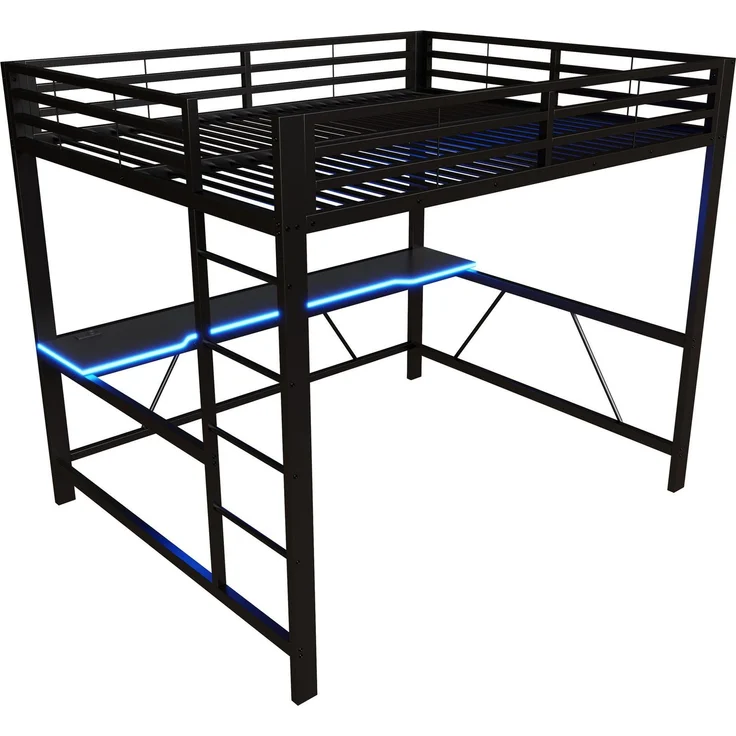 Hochbett mit RGB LED-Streifen, Schreibtisch, Trittleiter, Lattenrost, Steckdose, USB und Type-C, 160x200 cm, Kinderbett mit Rausfallschutz, Metallbett – Bild 9