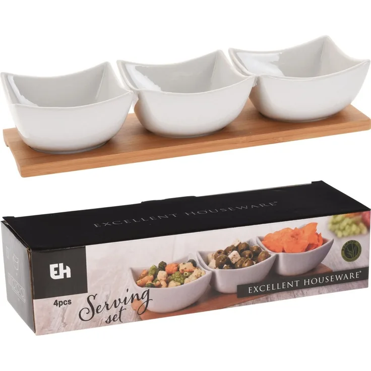 Koopman Servierschale Porzellan Servierset 4 Tlg. 30x10 cm 3 rechteckige Schalen Weiß Brett, Porzellan, (1-tlg), 3 Schalen, Bambus Tablett, Porzellan Schalen, Snackschale