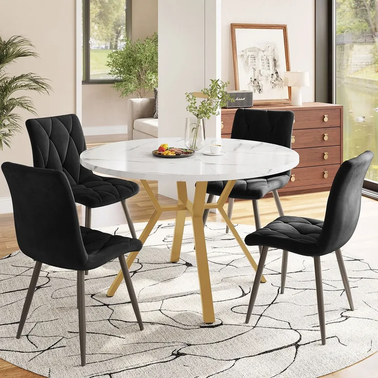 Runder Esstisch mit Marmorstruktur MDF, goldfarbenes Metallgestell, 4 Schwarz Wildlederstühle, modern, Essgruppe, Küchentisch Set