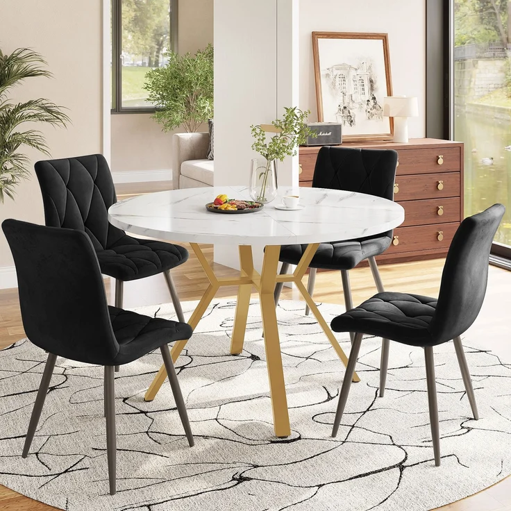 Runder Esstisch mit Marmorstruktur MDF, goldfarbenes Metallgestell, 4 Schwarz Wildlederstühle, modern, Essgruppe, Küchentisch Set – Bild 1