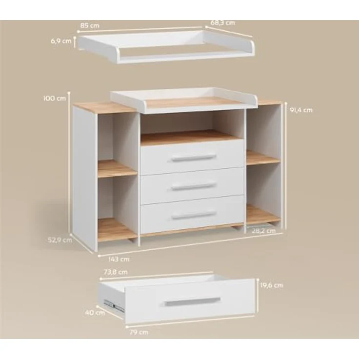 Livinity Wickelkommode Torino, Weiß/Goldkraft Eiche, mit 3 Schubladen – Bild 4