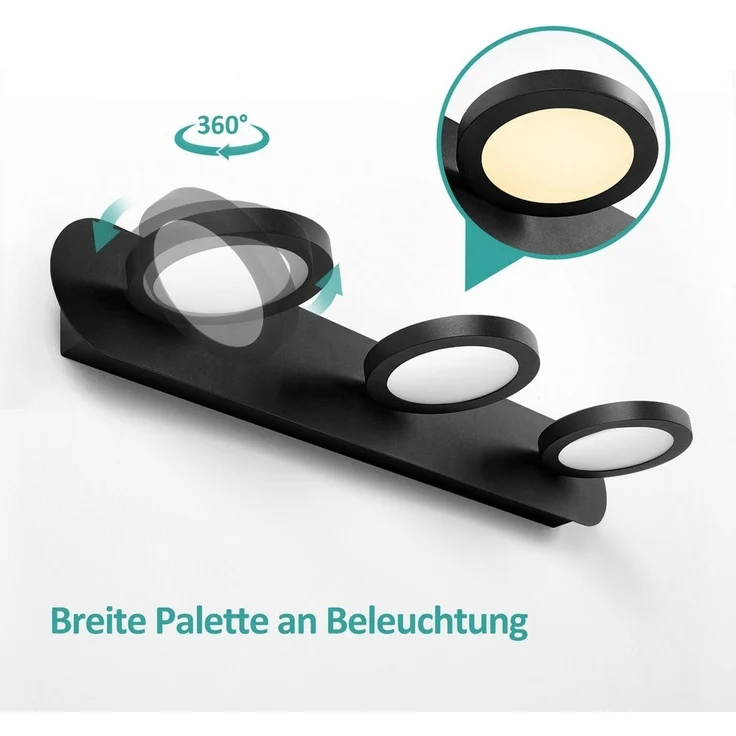 EMKE LED Wandleuchte Spiegelleuchte 3 Schwenkbar flammig 4000K Neutralweiß Licht, LED fest integriert, Neutralweiß, L: 50cm IP20 für Schlafzimmer, Wohnzimmer Schwarz mattiert – Bild 3