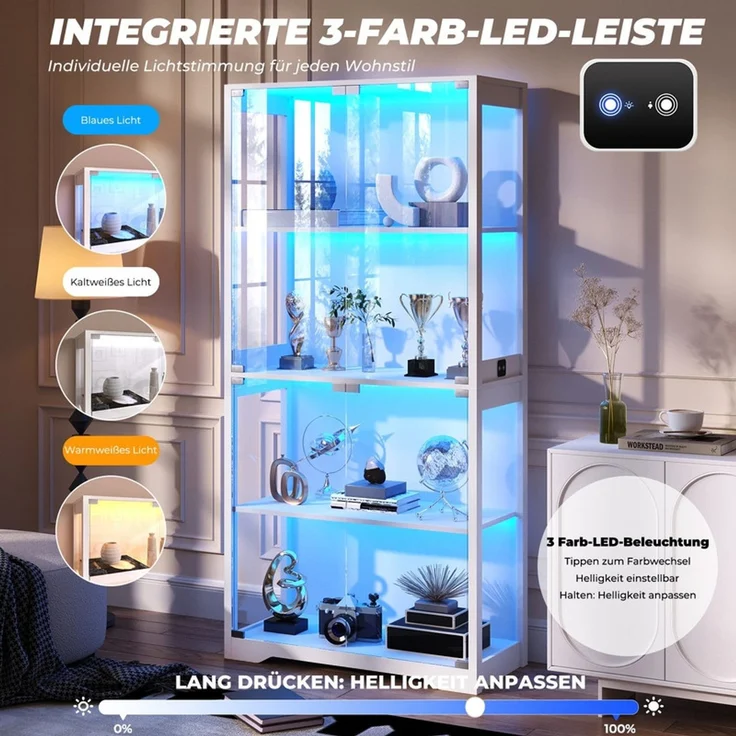 Glasvitrine 80x35x165 cm, 4-stöckige Vitrine mit LED-Beleuchtung, Bewegungssensor und Pop-up-Glastüren, Weiß – Bild 5