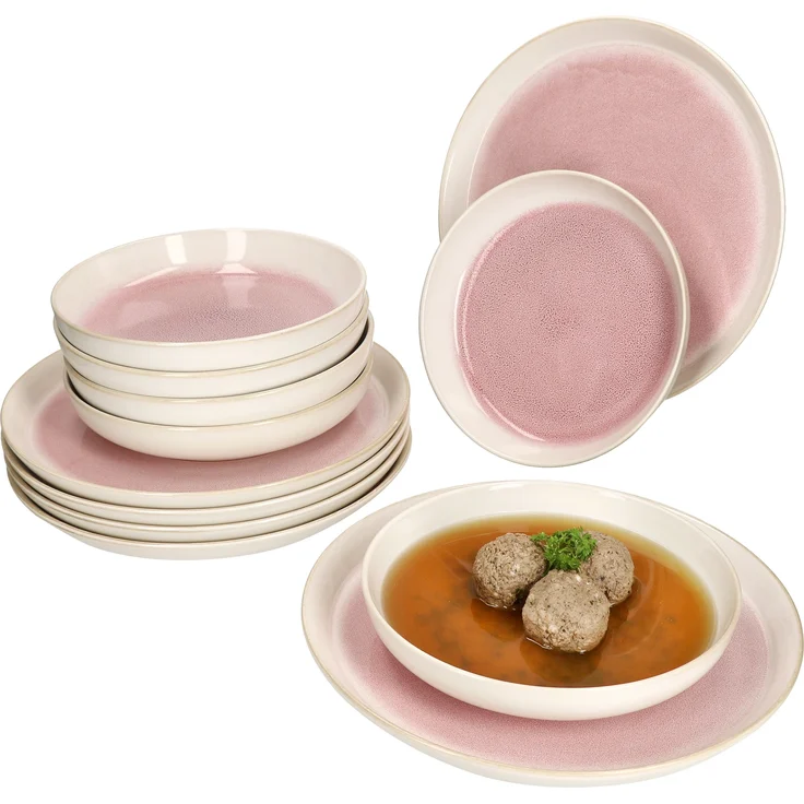 12tlg Tafelservice Reactive Glaze Paris 6 Pers. Speiseteller Suppenteller Pink – Bild 1