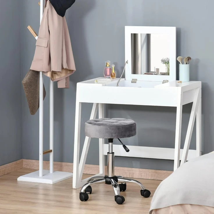 HOMCOM Rollsitz höhenverstellbarer Salonstuhl mit Rädern (Drehhocker, 1 St, Rollhocker), Hellgrau Ø35 x 49-61 cm – Bild 2