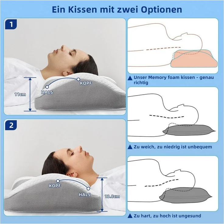 Esun Kopfkissen Memory Foam Kissen, Kopfkissen, Nackenkissen, Seitenschläferkissen, Füllung: Memory foam, Seitenschlafer, Rückenschlafer, Bauchschlafer, Set, Kissen vom OEKO-TEX® und CertiPUR Getestet, Nackenkissen für Erwachsene, Männer, Frauen – Bild 2
