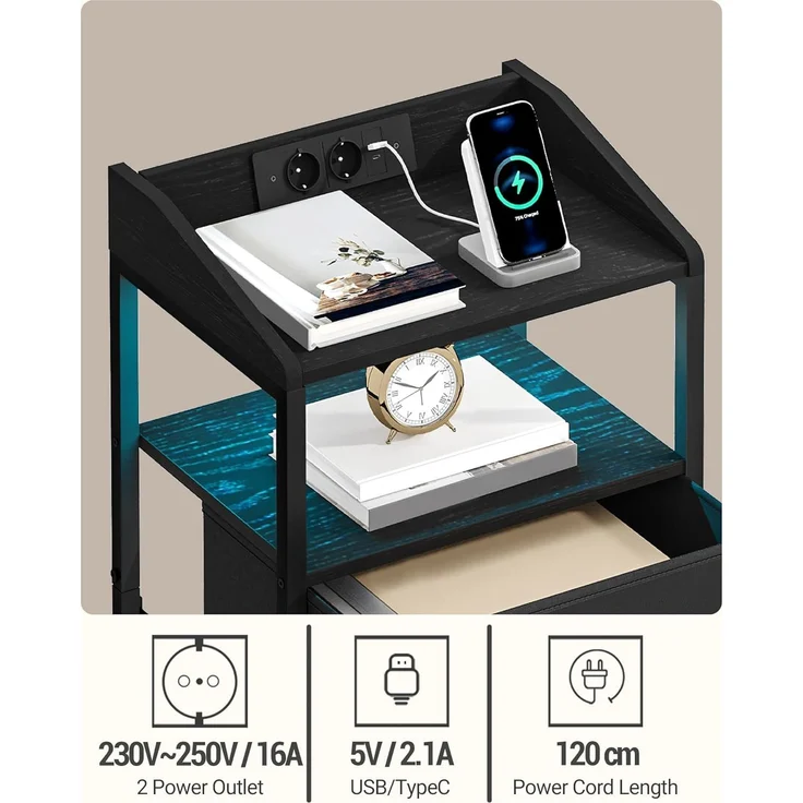 Nachttisch mit LED-Leuchten und Ladestation, Beistelltisch mit 2 Stoff-Schubladen und Regalen, mit USB-Anschlüssen & Steckdosen, für Schlafzimmer, Wohnzimmer, Schwarz – Bild 3