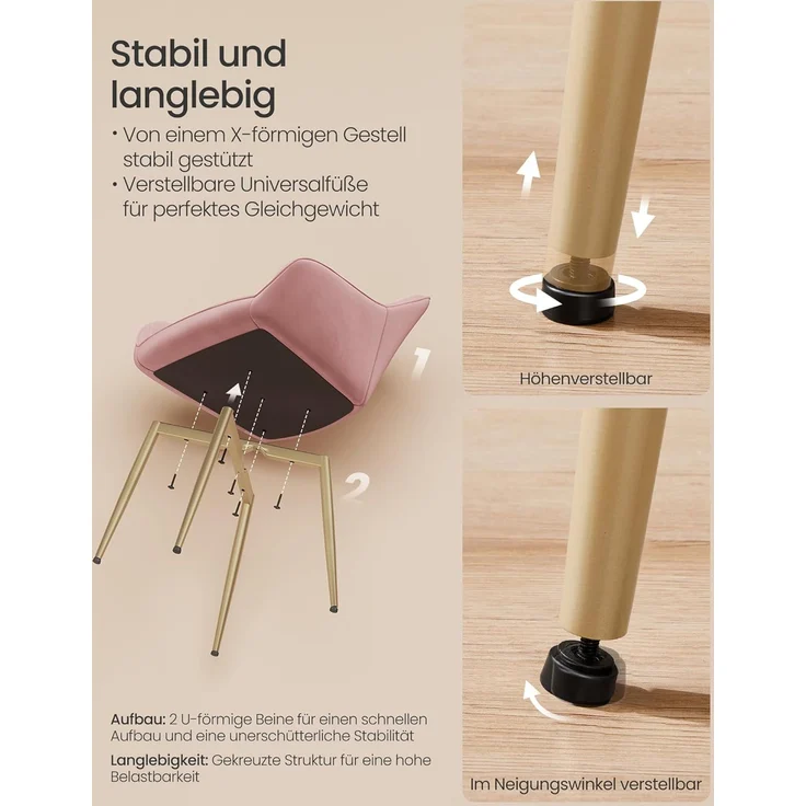 SONGMICS Esszimmerstuhl mit Armlehnen, Samt, 62,5 x 60 x 85 cm, 1x Armlehnenstuhl, Pastellrosa – Bild 5