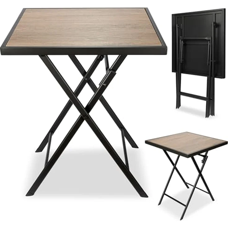 BRUBAKER Gartentisch Bergamo - 58 x 58 cm Balkontisch mit Holz Optik - Wetterfest (1-St, Klapptisch für Balkon, Terrasse - Bistrotisch), Metall Beistelltisch klappbar - Campingtisch eckig – Bild 2