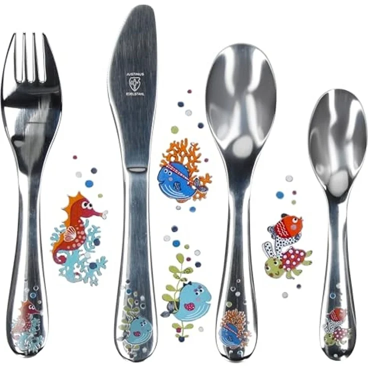 Justinus Besteck-Set Justinus 4tlg Meerestiere Kinder-Besteck-Set Messer Gabel Löffel, Edelstahl – Bild 1