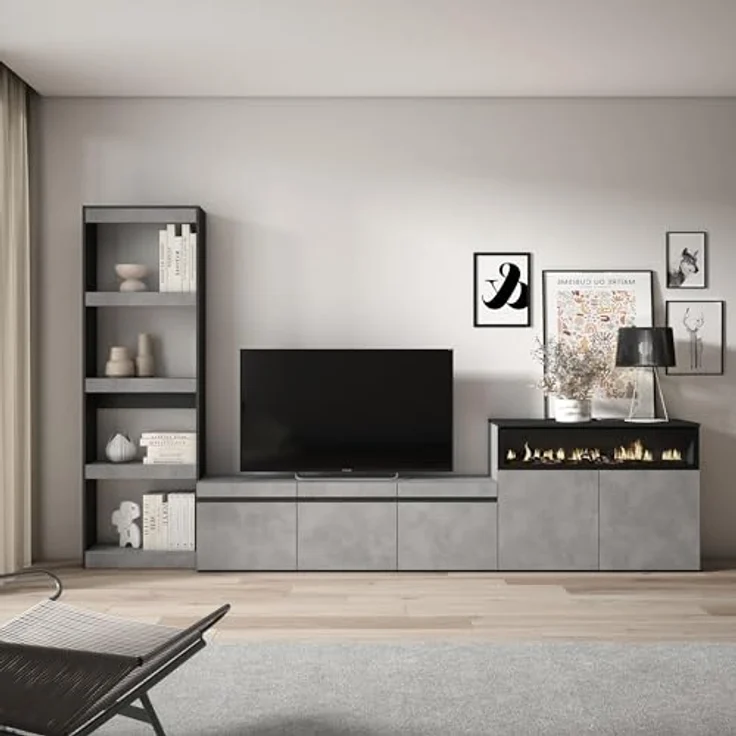 Skraut Home | Wohnwand Wohnzimmer | Wohnzimmermöbel, Möbelset | 310 x 186 x 35 cm | Für TV-Geräte bis zu 65" | Elektrokamin. | Moderner Stil | Zement – Bild 3