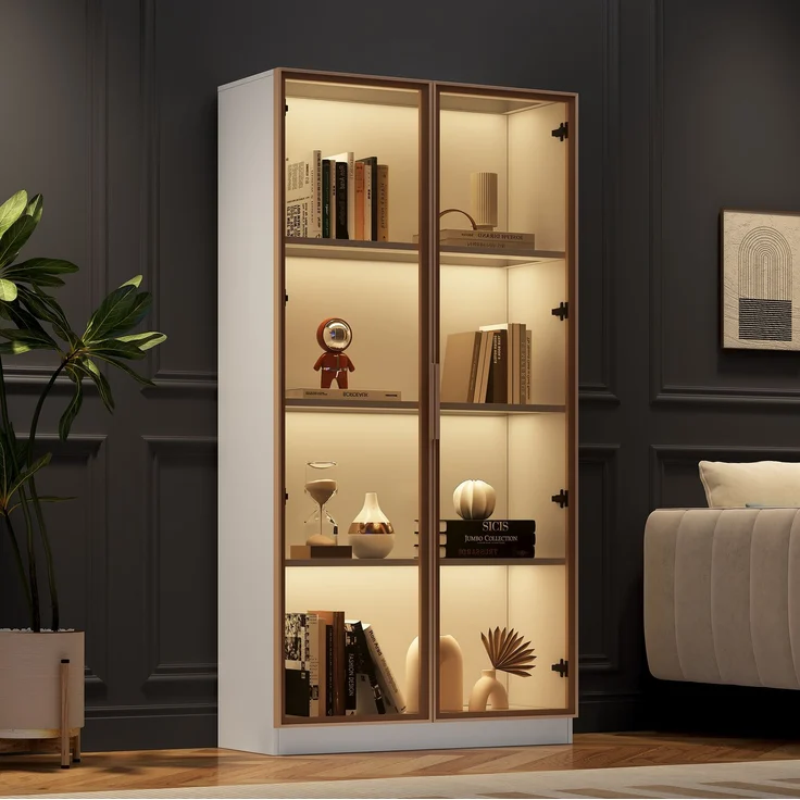 DESVIAE Vitrine mit LED-Beleuchtung, 80x160x40 cm, Spanplatte und braunes Glas, Weiß – Bild 1