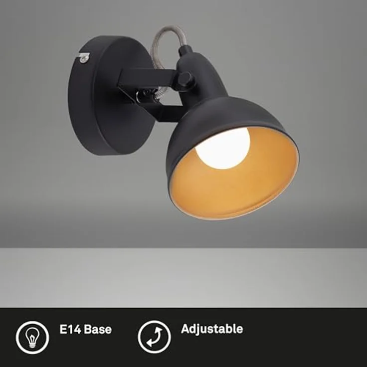 BRILONER - Wandleuchte Innen schwenkbar, Vintage, E14 Fassung, max. 40 Watt, Wandlampe innen, Wandstrahler, Wandlicht, Wandbeleuchtung, Schlafzimmer, Flurlampe, 15,6x10 cm, Schwarz-Gold – Bild 3