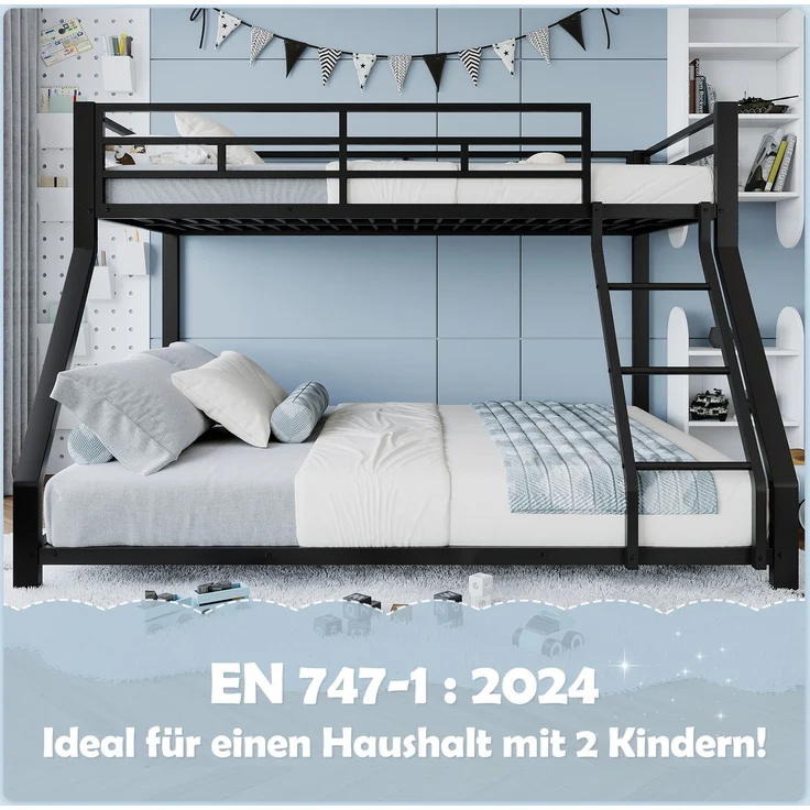 Merax Etagenbett Metallbett 90x200cm+140x200cm mit Schrägleiter und Geländer, Schwarz – Bild 7