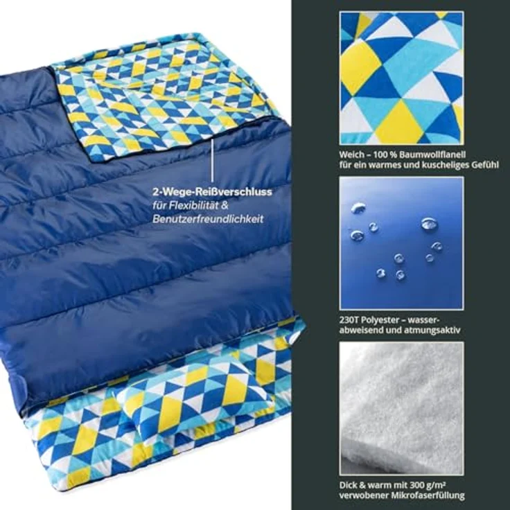 Skandika Doppelschlafsack, 3-Jahreszeiten, extra breit, 2 Kissen, Packsack, Camping Inn-/Outdoor – Bild 4