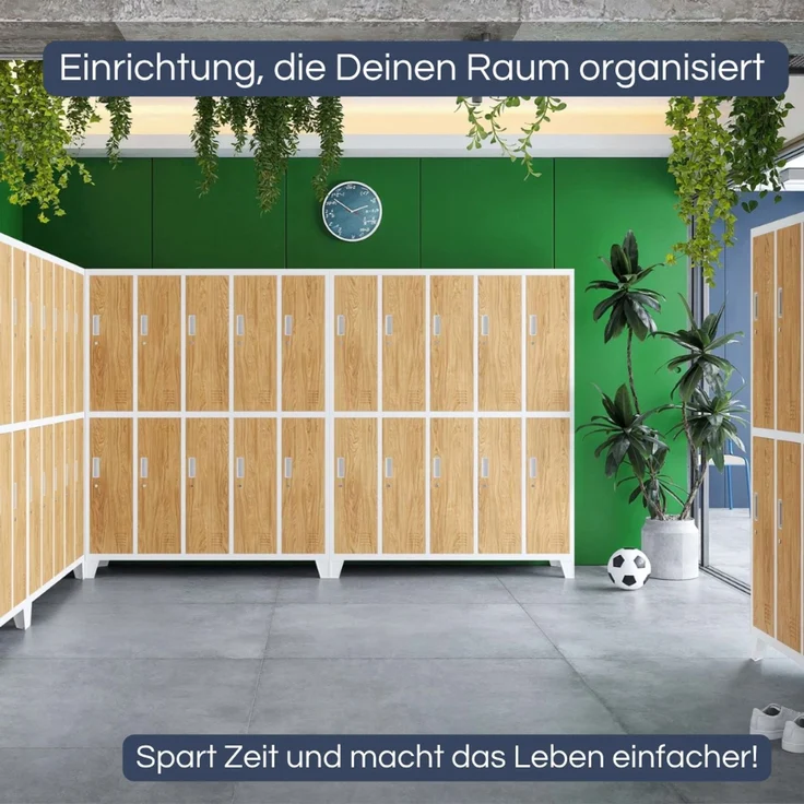 Umkleideschrank Spind BERLIN - 10 Abteile, Etikettenhalter Lüftungsschlitze | Umkleidespind Schließfachschrank Garderobenspind, 172 x 136 x 45 cm Weiß-Goldene Eiche – Bild 3