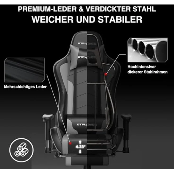 GTPLAYER Gaming Stuhl mit Fußstützen Lautsprecher Bluetooth Musik Bürostuhl Computerstuhl Schreibtischstuhl Stuhl Ergonomischer Schwarz-Grau – Bild 6