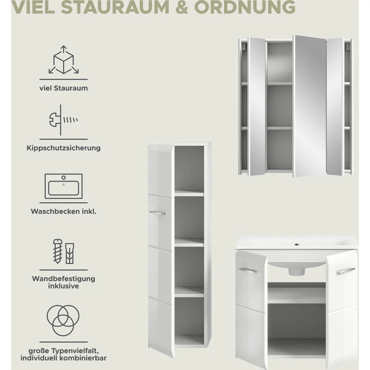 Badezimmer-Set >Ice< in Weiß / Weiß Hochglanz - 105x185x46cm (BxHxT) – Bild 9