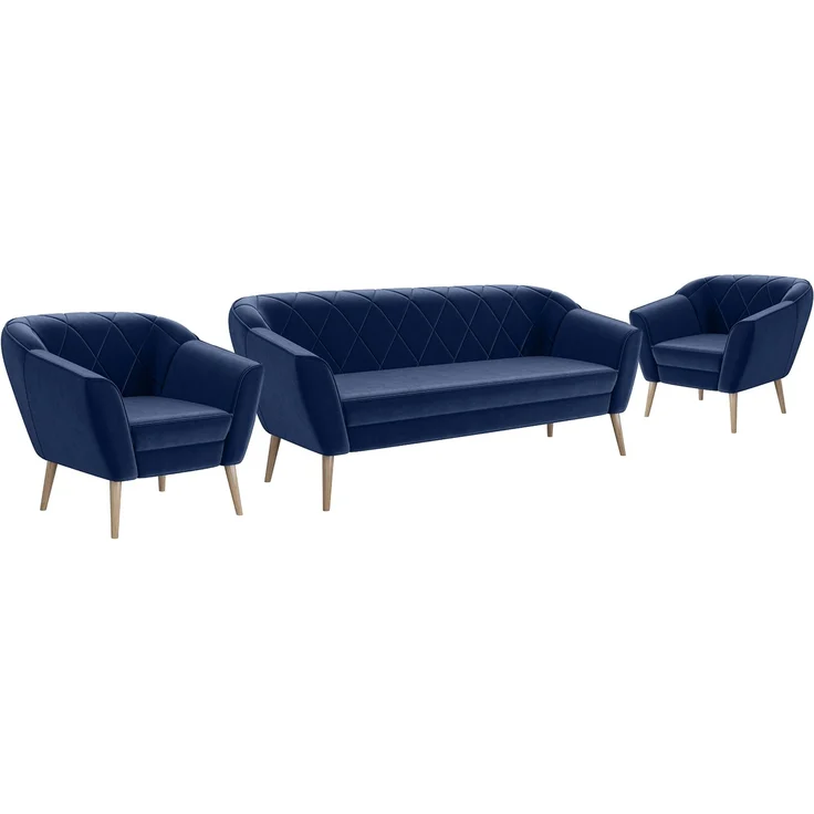 MEBLINI Sofa-Set GISELA 3+1+1 - Blau Samt - für Wohnzimmer - Mini Lounge für fünf Personen - Küchensofa - Sofa Klein - Sitzgarnitur - Polstergarnitur - Sofagarnituren – Bild 1