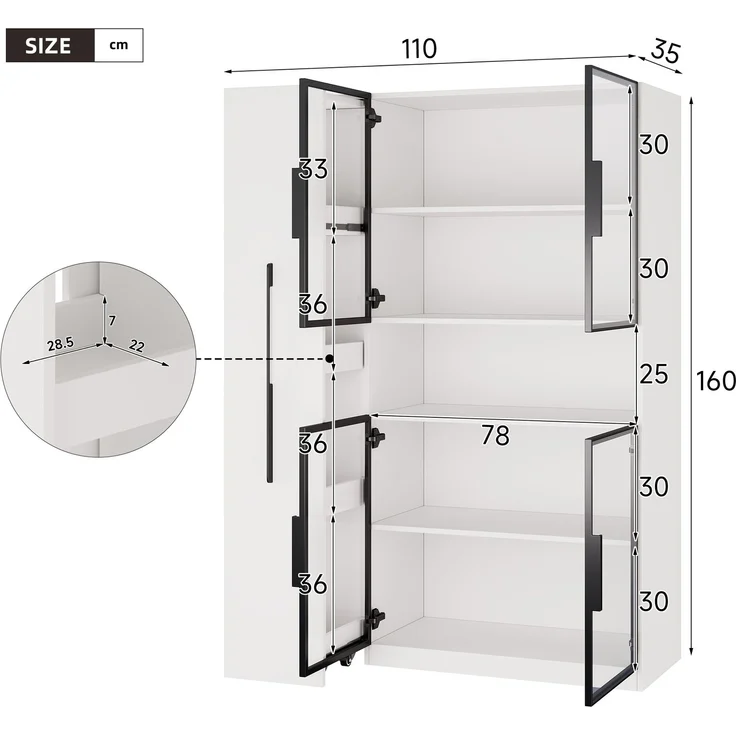 ZUBALIYA Glasvitrine110×35×160cm, weiß mit LED-Beleuchtung – mit ausziehbaren Regalen, vertikaler Vitrine mit Schubladen und vielseitigen Aufbewahrungsmöglichkeiten für Wohnzimmer, Küchen und Arbeitszimmer. – Bild 6
