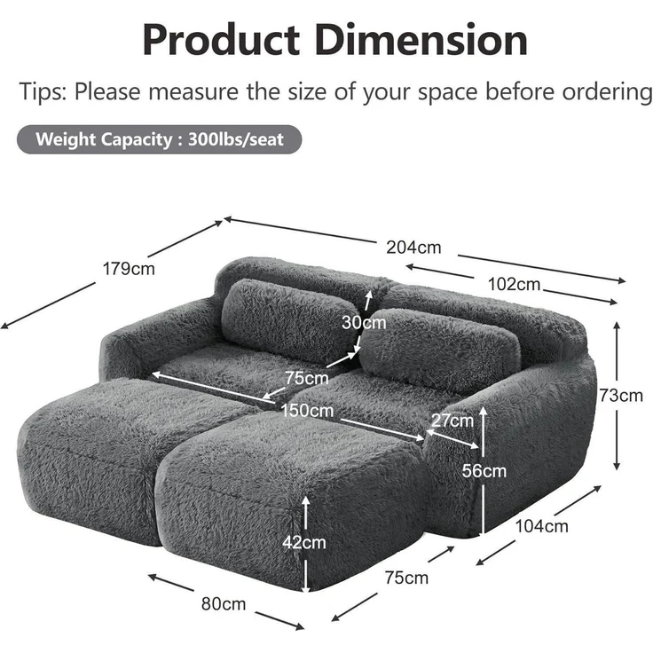 2 Sitzer Sofa 2 Hocker Kissen Grau 2-Sitzer Sofa + 2 Hockern – Bild 2