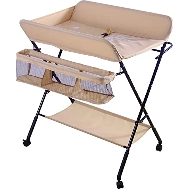 Baby Wickelkombi - klappbare Wickelkommode, mobiler Wickeltisch mit Wickelauflage, Sicherheitsgurt und Ablagefächern, platzsparend & stabil 80 * 66 * 98cm (Hell-Pink) – Bild 8