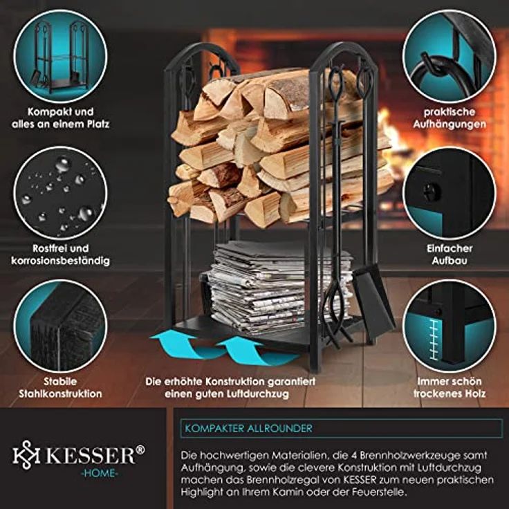 KESSER® Kaminholzregal 5-teiliges Set Kaminholzständer Feuerholzablage Brennholzregal Innen und Aussen Metall 2 Ebenen mit 4 Kaminwerkzeug für Kamin & Ofen, Stahl 40 x 30 x 74,5 cm Verstellbare Schwarz – Bild 6